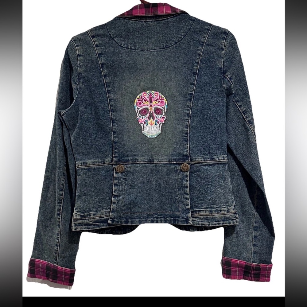 NWOT Y2K Traffic Soda Cropped Denim Blazer With Plaid Accent & Embroidered Back - Picture 2 of 11